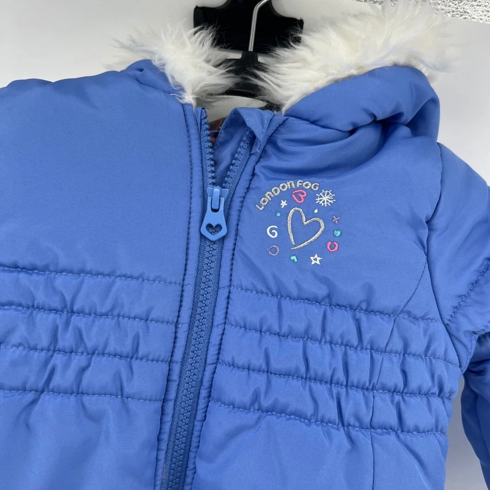 London Fog Kids Puffer Coat Jacket S/4 Blue Faux Fur Hood‎ Embroidered Hearts